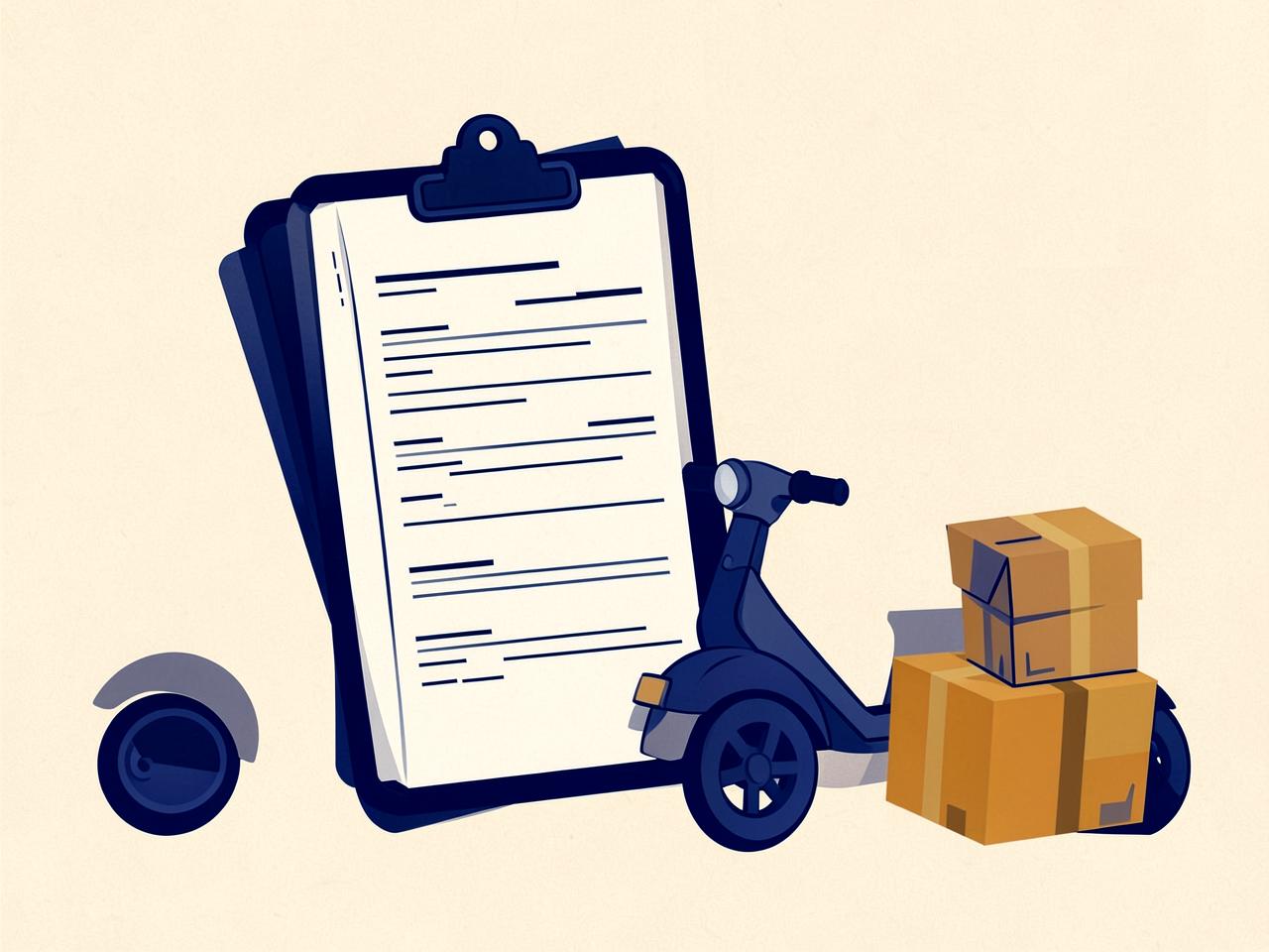 Illustration of shipping labels, a courier scooter and parcels